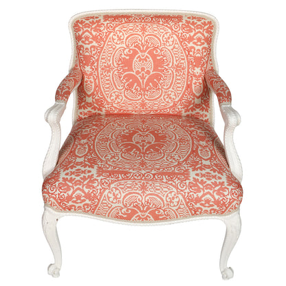 PAINTED ROCOCO CHAIR WITH NEW CORAL QUADRILLE UPHOLSTERY
