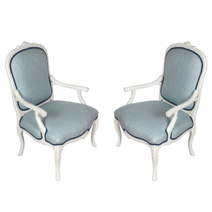 PAIR OF WHITE FAUX BOIS ARMCHAIRS WITH PIERRE FREY BLUE UPHOSLTERY