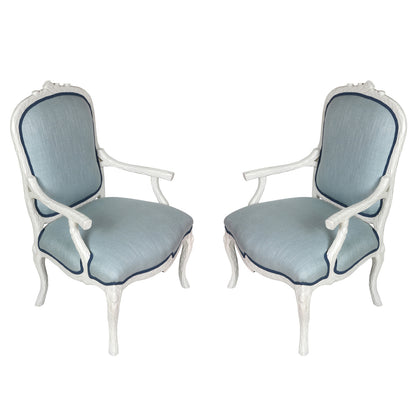 PAIR OF WHITE FAUX BOIS ARMCHAIRS WITH PIERRE FREY BLUE UPHOSLTERY