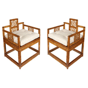 PAIR OF SQUARE CHINESE BAMBOO CHAIRS WITH NEW TUFTED CUSHIONS