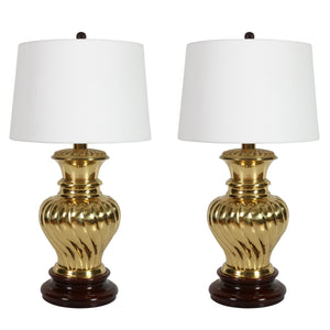 PAIR OF HOLLYWOOD REGENCY STYLE BRASS GINGER JAR LAMPS ON WOOD BASES