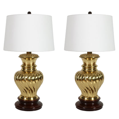 PAIR OF HOLLYWOOD REGENCY STYLE BRASS GINGER JAR LAMPS ON WOOD BASES