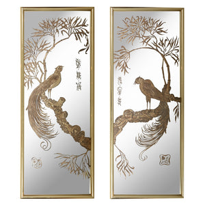 PAIR OF FRAMED ASIAN STYLE ENGRAVED MIRRORS WITH PHEASANTS