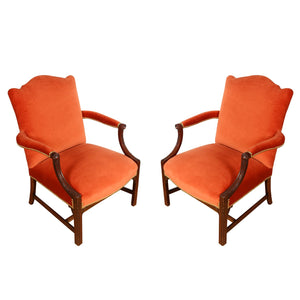 PAIR NEWLY UPHOLSTERED ORANGE VELVET GEORGE III ARM CHAIRS