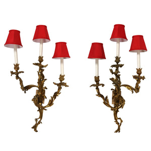 PAIR OF LOUIS XV STYLE OVERSIZED TRIPLE ARM GILT SCONCES