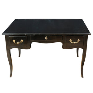 FRENCH BLACK LACQUER WRITING DESK WITH BRASS DETAIL HARDWARE