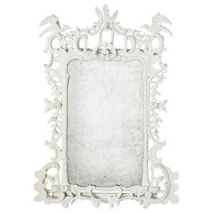 VINTAGE CHINESE CHIPPENDALE STYLE ANTIQUED MIRROR IN WHITE PLASTER FINISH