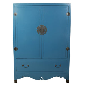 PEACOCK BLUE ASIAN STYLE ARMOIRE WITH BRASS FITTINGS