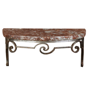 DEMI LUNE ROUGE MARBLE TOP WALL MOUNT CONSOLE WITH SCROLL METAL BASE