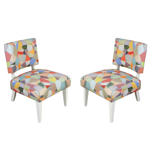 PAIR OF ART DECO STYLE PAINTED AND NEWLY UPHOLSTERED MULTICOLOR STRIE PATCHWORK SLIPPER CHAIRS