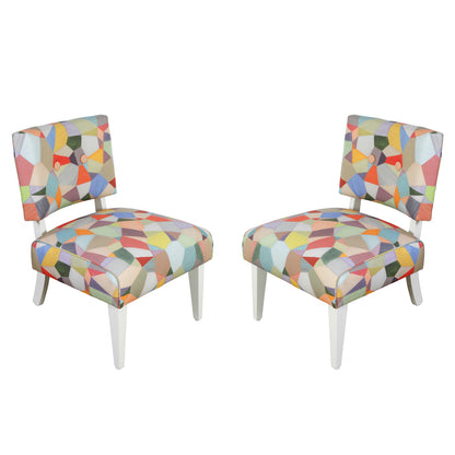 PAIR OF ART DECO STYLE PAINTED AND NEWLY UPHOLSTERED MULTICOLOR STRIE PATCHWORK SLIPPER CHAIRS