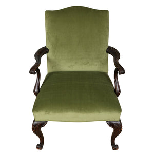 CHIPPENDALE STYLE ARM CHAIR WITH NEWLY UPHOLSTERED GREEN VELVET