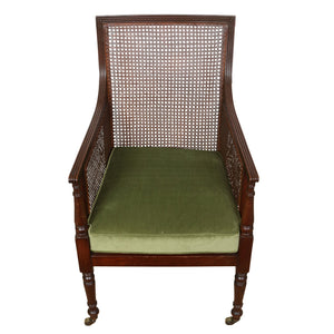 REGENCY STYLE CANED LIBRARY CHAIR WITH GREEN VELVET SEAT