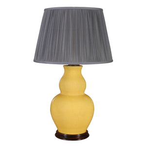 DOUBLE GOURD YELLOW GLAZED CERAMIC TABLE LAMP ON WOOD BASE