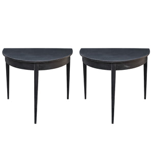 PAIR OF EBONIZED BLACK DEMILUNE CONSOLE TABLES