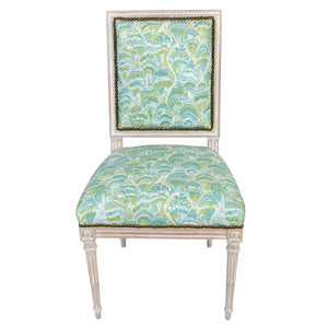 CUSTOM COCKLESHELLS UPHOLSTERED JANSEN STYLE CHAIR WITH NAILHEAD TRIM