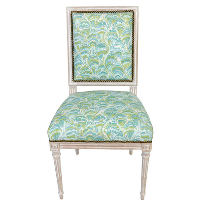 CUSTOM COCKLESHELLS UPHOLSTERED JANSEN STYLE CHAIR WITH NAILHEAD TRIM