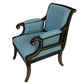 PAIR OF JULIAN CHICHESTER REGENCY STYLE EBONIZED ARM CHAIRS UPHOLSTERED IN RAW BLUE SILK