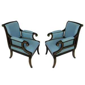 PAIR OF JULIAN CHICHESTER REGENCY STYLE EBONIZED ARM CHAIRS UPHOLSTERED IN RAW BLUE SILK