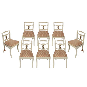 SET OF EIGHT REGENCY STYLE PAINTED DINING CHAIRS WITH HARP DETAIL