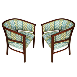 PAIR OF NEWLY UPHOLSTERED MAHOGANY TUB CHAIRS IN QUADRILLE BLUE & GREEN CHEVRON