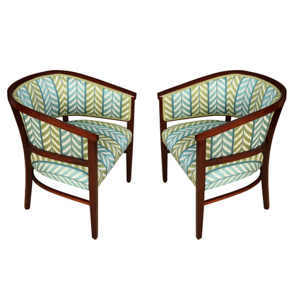 PAIR OF NEWLY UPHOLSTERED MAHOGANY TUB CHAIRS IN QUADRILLE BLUE & GREEN CHEVRON