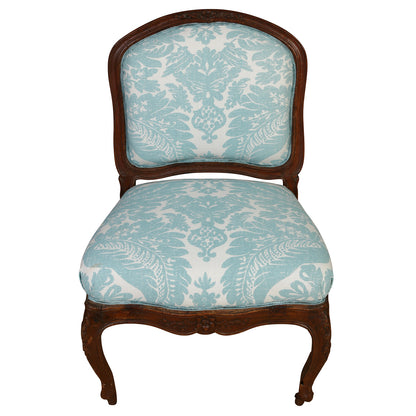 CUSTOM VENISE UPHOLSTERED FRENCH SLIPPER CHAIR WITH CARVED WOOD FRAME