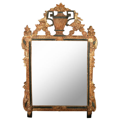 ANTIQUE MIRROR WITH GILT CARVED URN CREST AND GARLAND DETAIL
