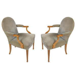 PAIR OF ROSE TARLOW STYLE UPHOLSTERED ROUND BACK ARMCHAIRS