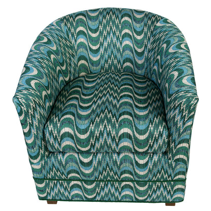 PAIR OF BARREL CHAIRS UPHOLSTERED IN DEDAR FLAMESTICH GREEN AND BLUE