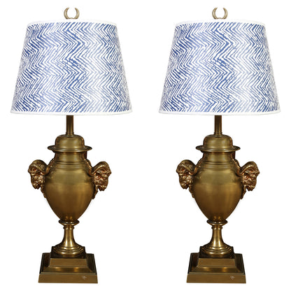 PAIR OF CLASSICAL STYLE VINTAGE BRASS RAMS HEAD HANDLE TABLE LAMPS