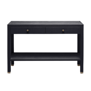 TWO TIER BLACK LINEN CONSOLE WITH BRASS DETAIL