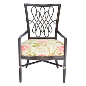 BARBARA BARRY FOR MCGUIRE RATTAN CHAIR W/ FLORAL UPHOLSTERY