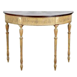 CARVED AND PAINTED ADAM STYLE DEMI LUNE CONSOLE WITH GILT DETAIL