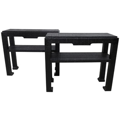 KARL SPRINGER STYLE MID CENTURY BLACK RAFFIA CONSOLES, PAIR