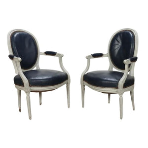 ANTIQUE PETITE LOUIS XVI STYLE NAVY LEATHER CHAIRS