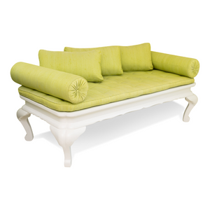 MOROCCAN STYLE DAY BED WITH CUSTOM GREEN UPHOLSTERY AND PILLOWS