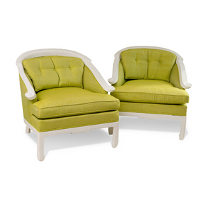 PAIR OF NEWLY REUPHOLSTERED WHITE PAINTED JAMES MONT ARM CHAIRS IN CUSTOM GREEN RAW SILK