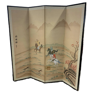 VINTAGE ASIAN HUNTING SCENE FOUR PANEL ROOM SCREEN WITH BLACK LACQUERED EDGES AND BRASS CORNERS