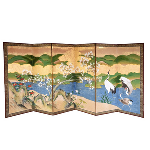 VINTAGE MEIJI PERIOD SIX PANEL JAPANESE FOLDING SCREEN DEPICTING CRANES IN CONTINUOUS LANDSCAPE WITH BLOSSOMING FOLIAGE AND HILLS