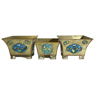 SET OF THREE BRASS CACHEPOT WITH RAISED DECORATION