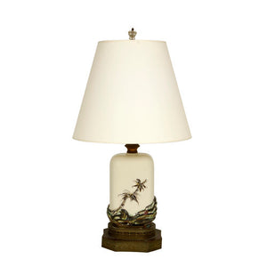 JAPANESE CERAMIC LAMP WITH PALMS AND BRONZE BASE