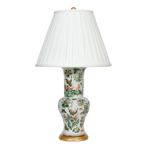 CHINESE EXPORT BIRD AND FLOWERS BEAKER LAMP WITH GILT BASE