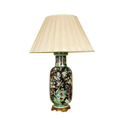 CHINESE PORCELAIN FAMILLE NOIR LAMP WITH BRONZE BASE