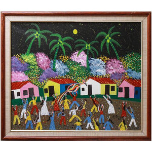 NIGHTTIME ISLAND VILLAGE SCENE, OIL ON CANVAS