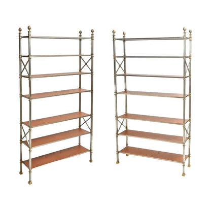 PAIR OF MAISON JANSEN BRASS & LEATHER ETAGERES