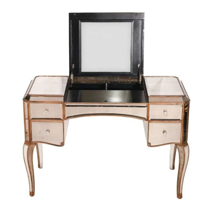 ANTIQUED MIRROR VANITY WITH FLIP UP CENTER PANEL