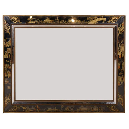 BLACK EGLOMISE MIRROR WITH ASIAN DESIGNS