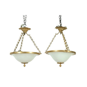 PAIR NEOCLASSICAL ORMOLU & MILK GLASS PENDANTS