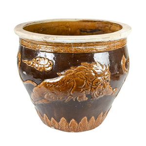 DRAGON RELIEF ROUND ASIAN CERAMIC PLANTER